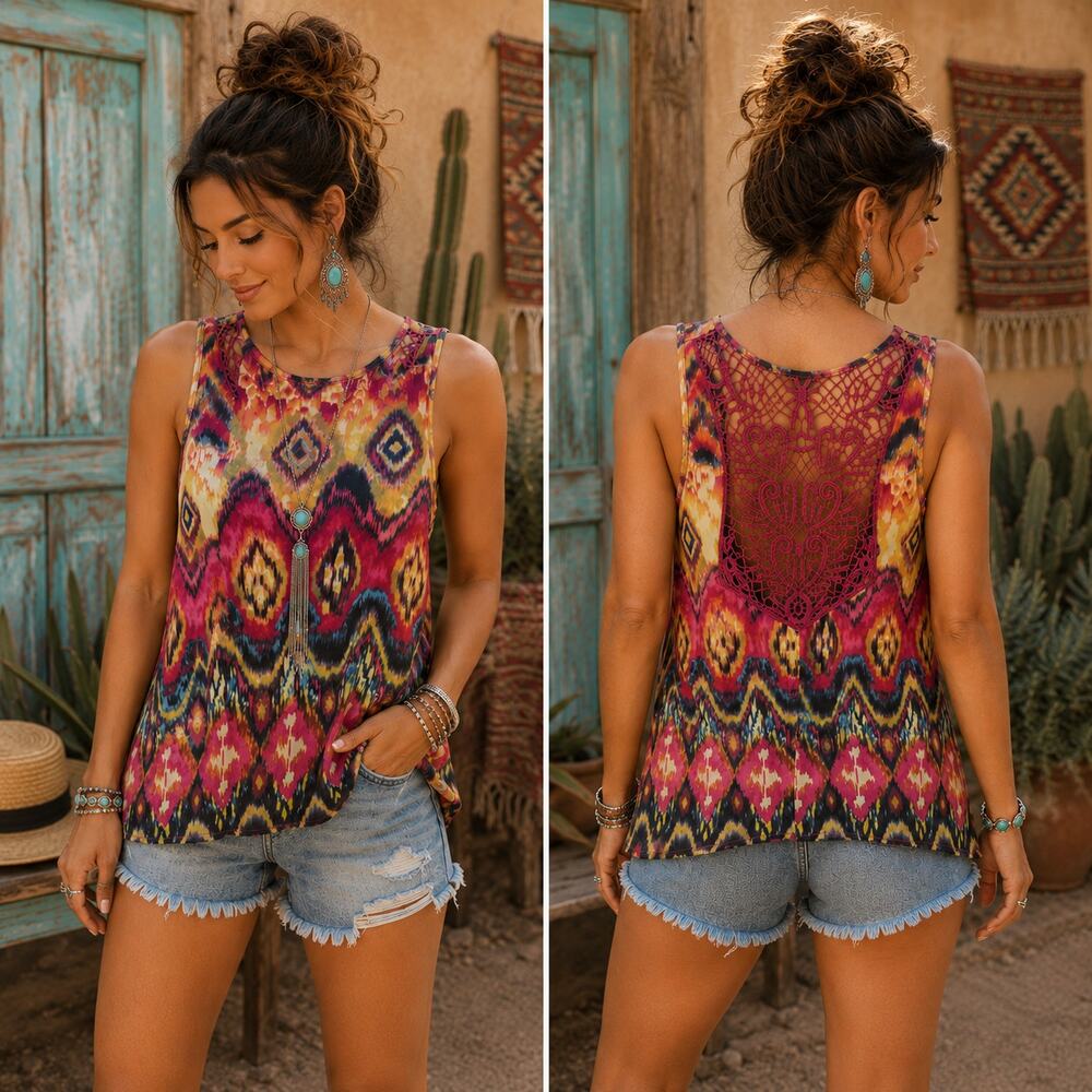 Simply Styled Boho Pink Embroidered Back Semi Sheer Layers Tank Oversize‎ Size M